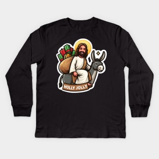 Holly Jolly Jesus Donkey Christmas gifts Kids Long Sleeve T-Shirt